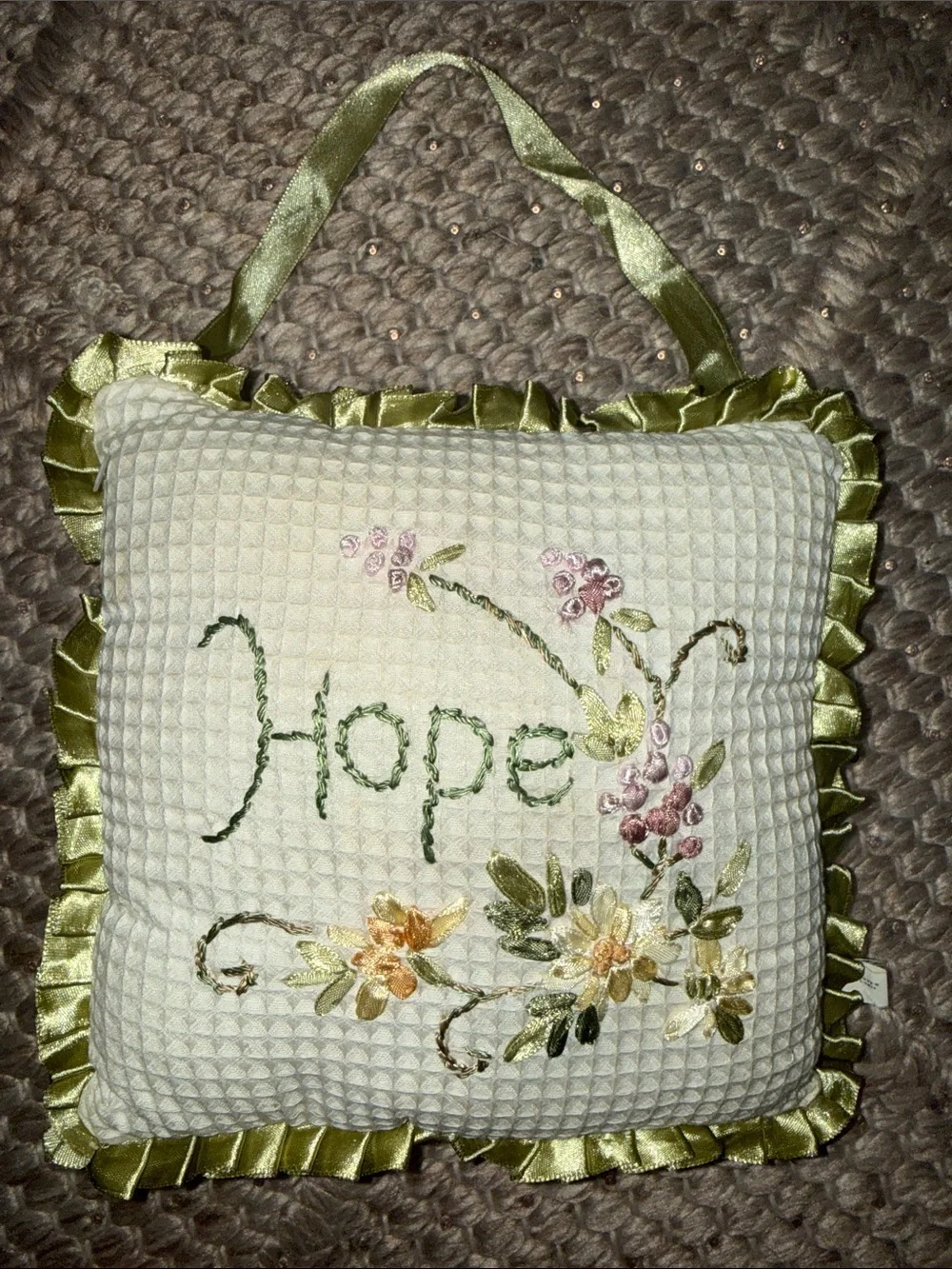 Embroidered 'Hope' Decorative Pillow - Olive Green Ruffled Edge